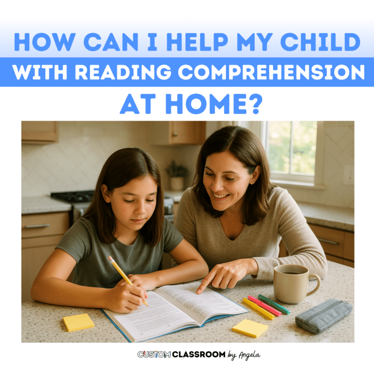 A mother and her 5th grade daughter sit at a bright kitchen counter, working together on a reading workbook. The mom points to the page while the daughter writes with a pencil, surrounded by colorful school supplies and a mug of coffee.